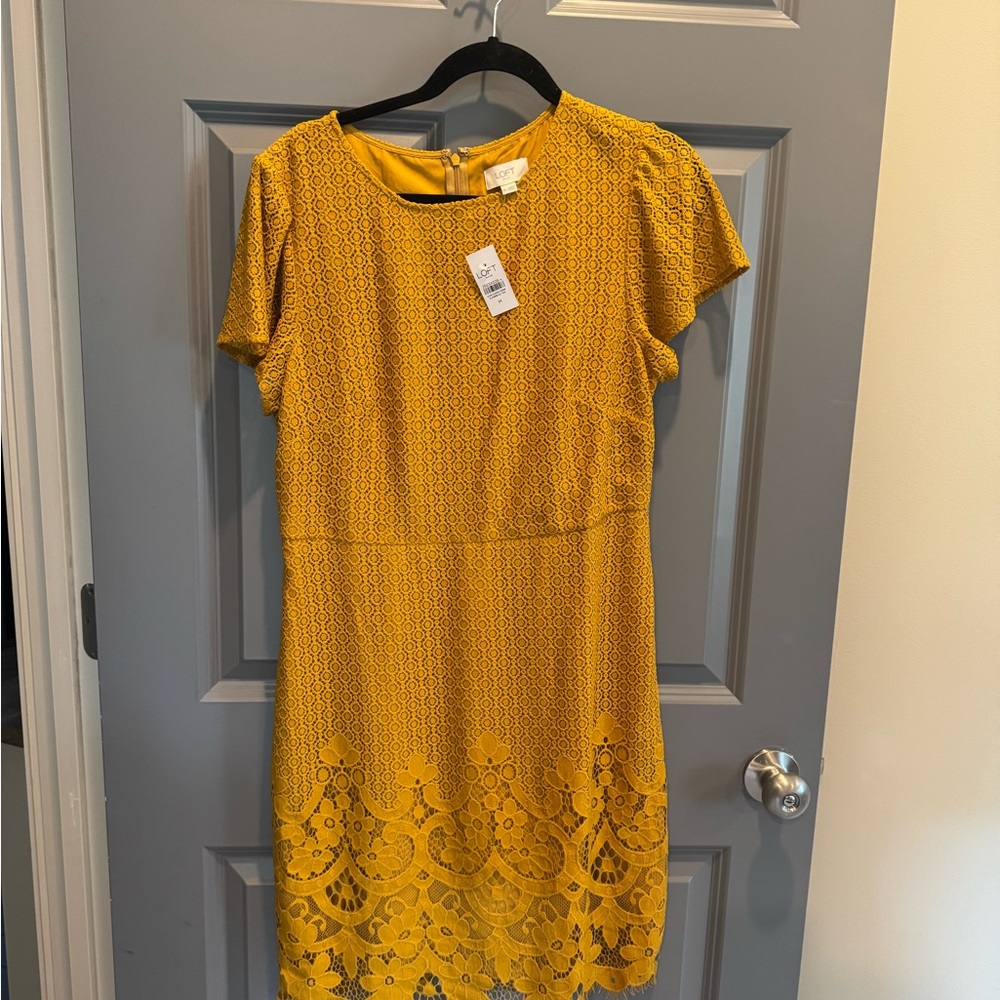 LOFT Mustard Yellow Lace-Trim Midi Dress